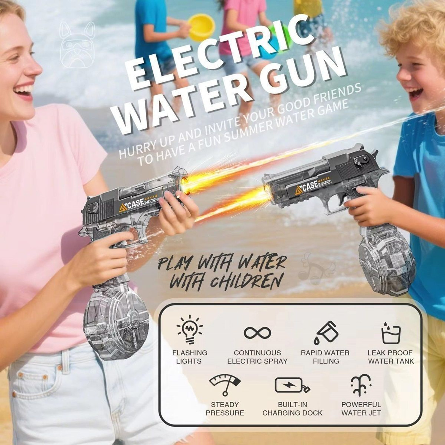 Image of PAPASpace Electric Water Gun Automatic LED Rechargeable High Pressure Water Blaster Water Gun