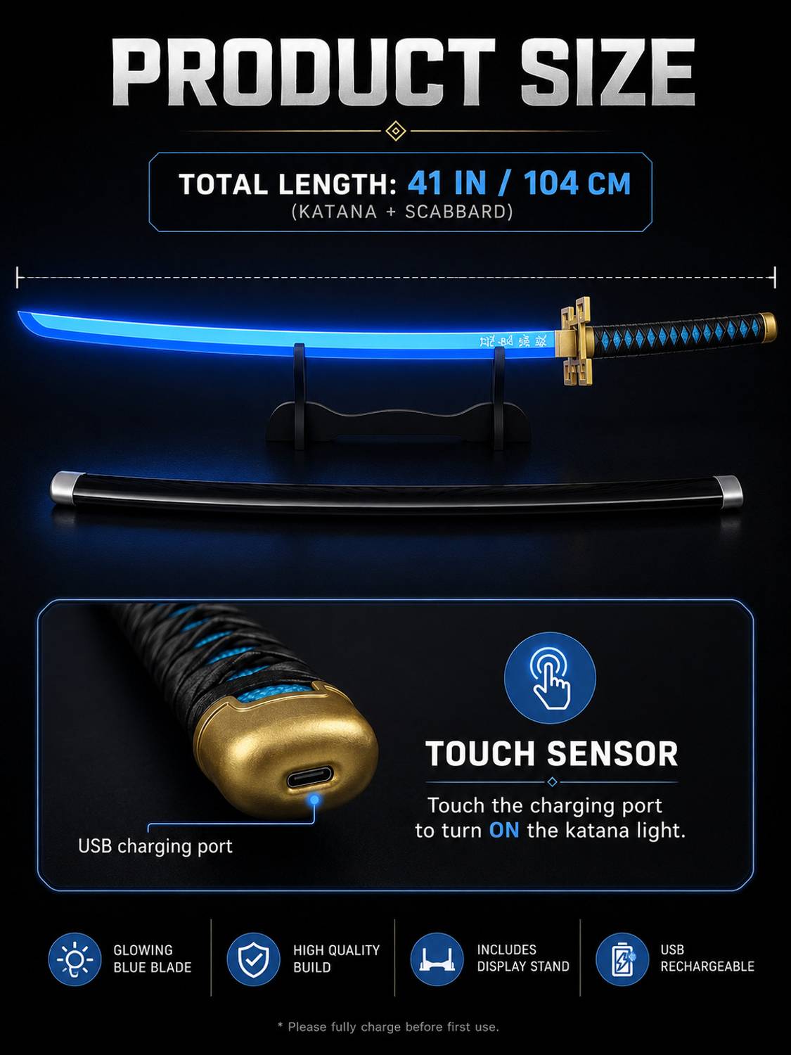 World Gift Mart Blue Glowing Anime Katana Sword 104Cm - Image 2