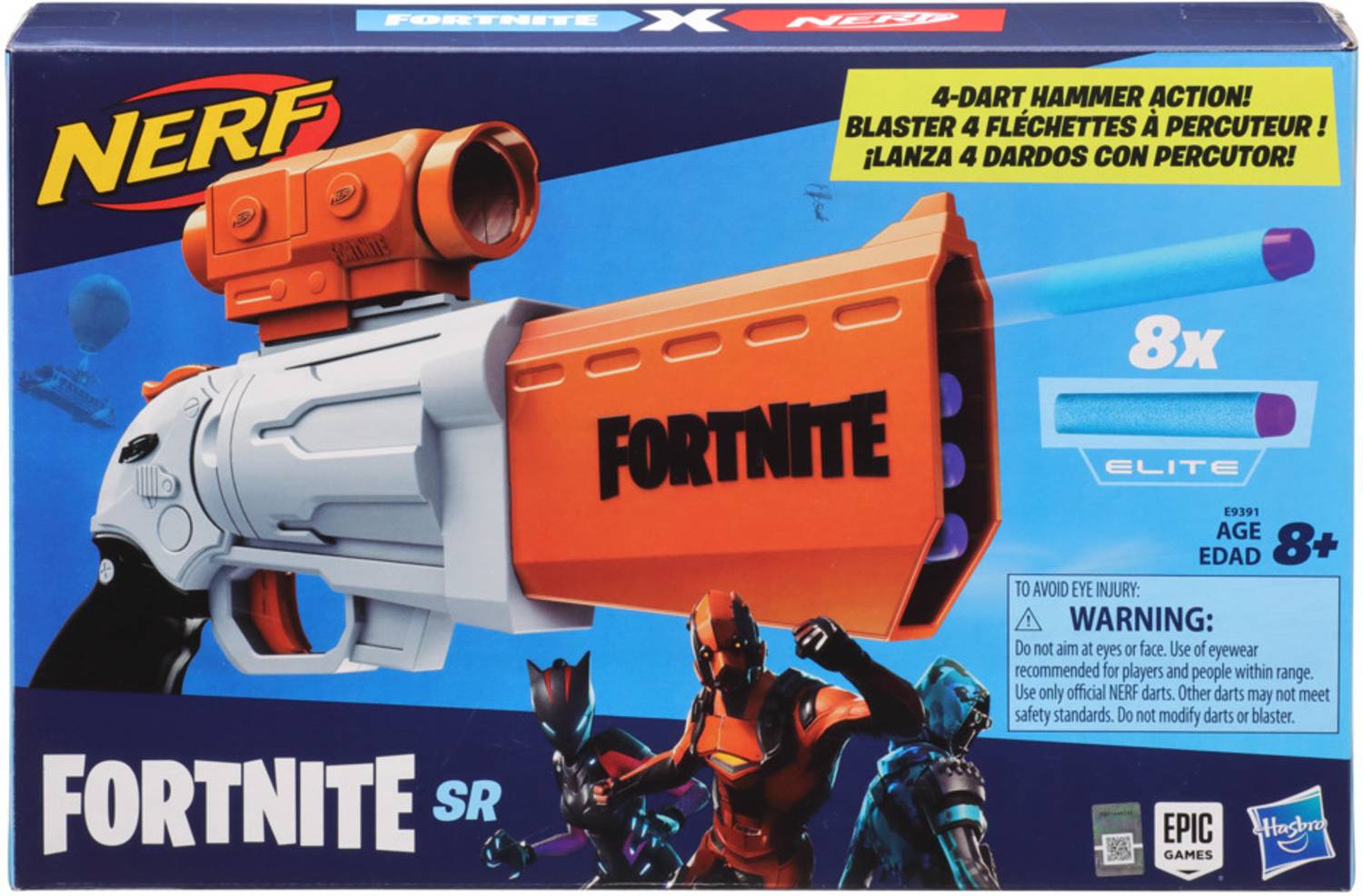 Nerf Fortnite SR Blaster, 4-Dart Hammer Action, Removable Scope