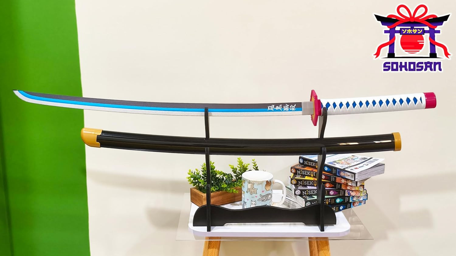 Image of World Gift Mart Demon Slayer Giyu Tomioka Wooden Toy Katana (105 CM) Maces & Swords (Multicolor)
