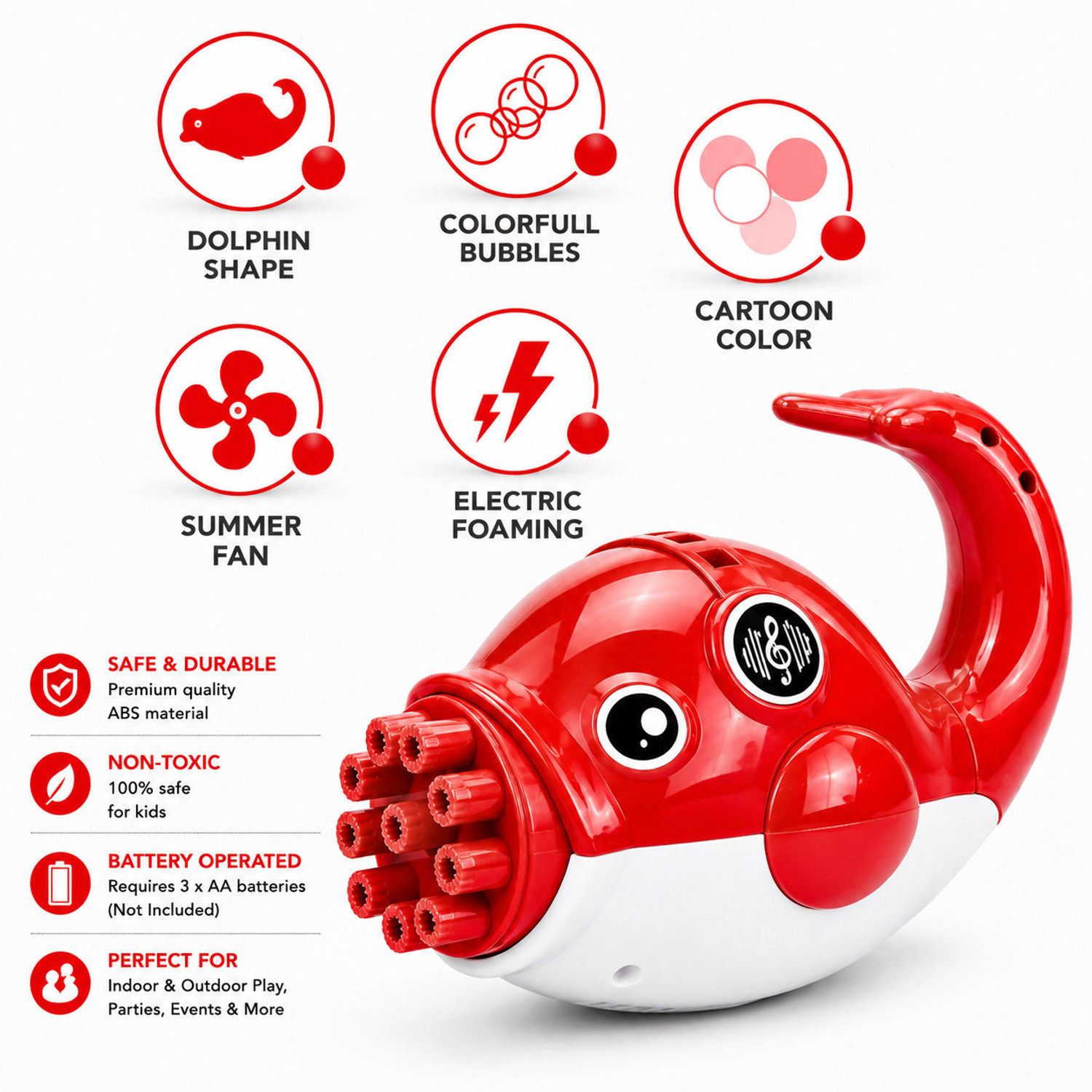 Image of Time 2 toys Dolphin Bubble Machine Gun Handy Electric Automatic Bubble Making Toy for Kids Water Gun (Red)