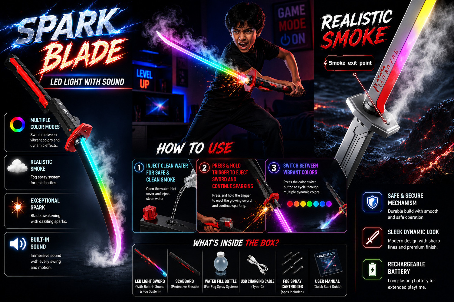 Image of Braintastic Kids Ninja Sword Toy with LED Lights & Mist Spray Effect, Samurai Sword Ninja Gears