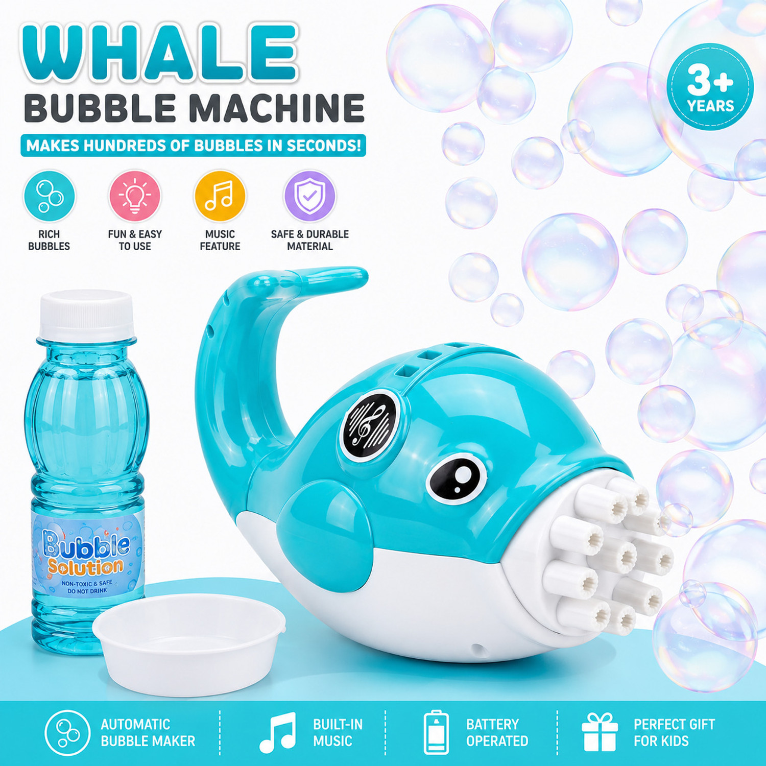 Image of Time 2 toys Dolphin Bubble Machine Gun Handy Electric Automatic Bubble Making Toy for Kids Water Gun (Blue)