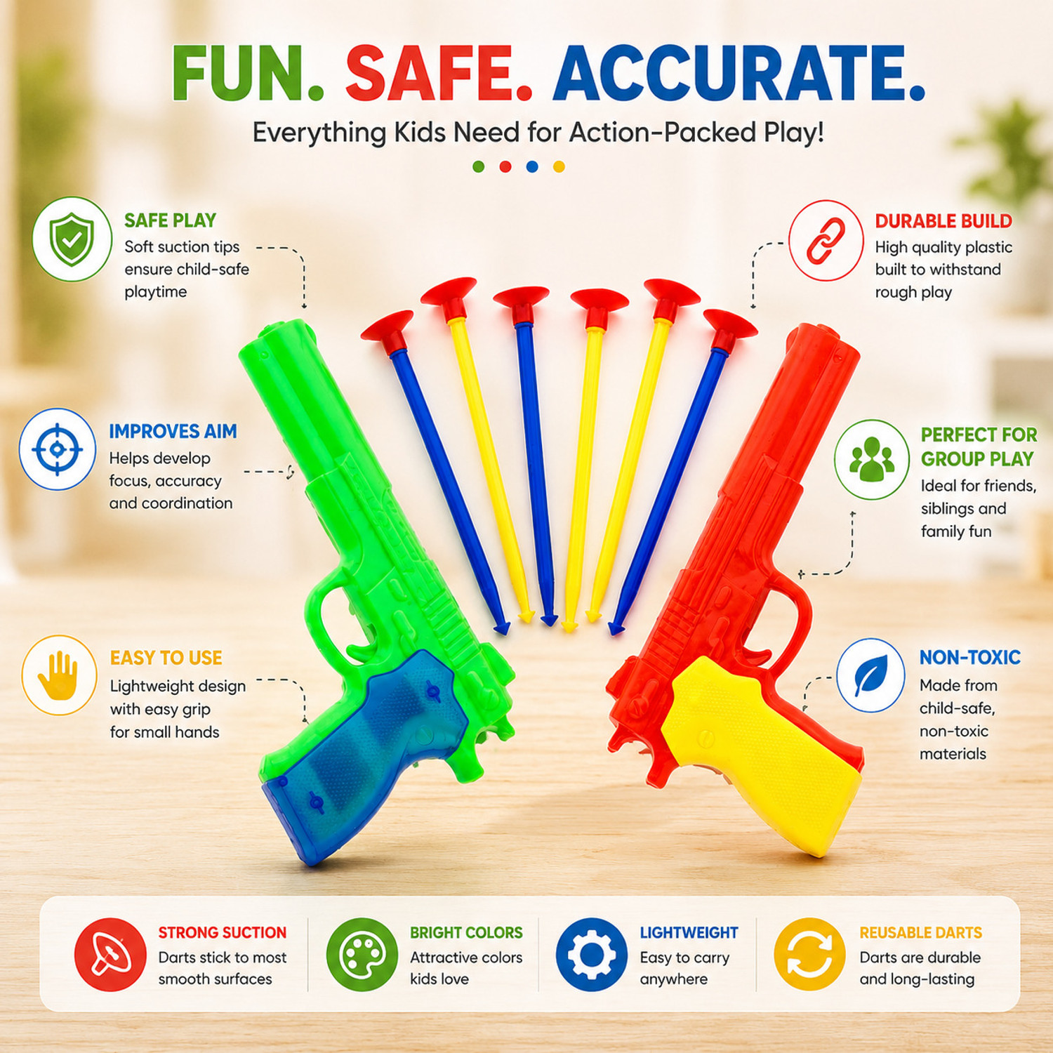 Image of Sasta he Kids Toy Gun Set 2 Guns with 6 Vacuum Suction Darts Safe Toys Red Green Guns & Darts