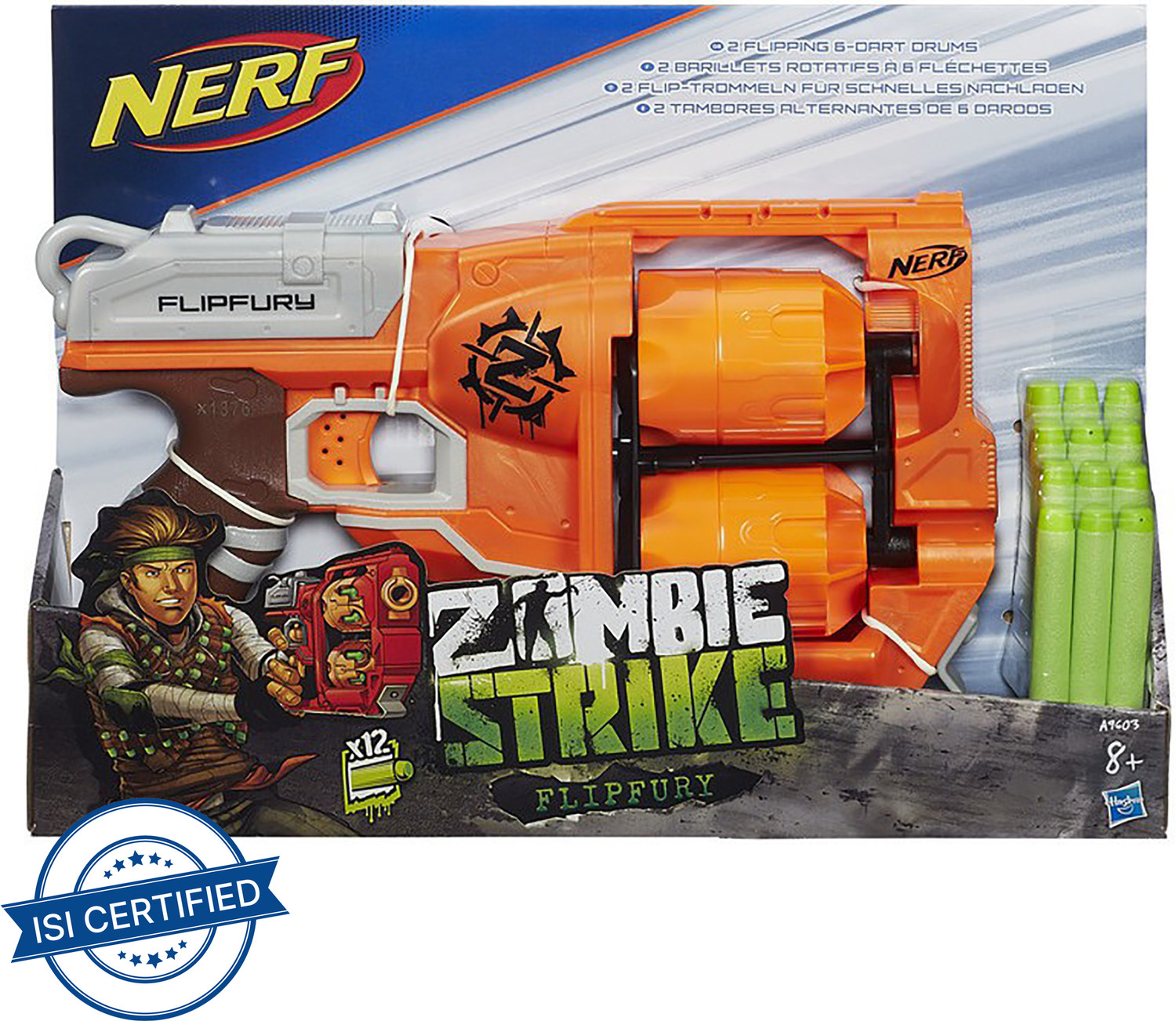 Image of Nerf Zombie Strike FlipFury Blaster 2 Flipping 6-Dart Drums ,12 Zombie Strike Elite Darts Guns & Darts