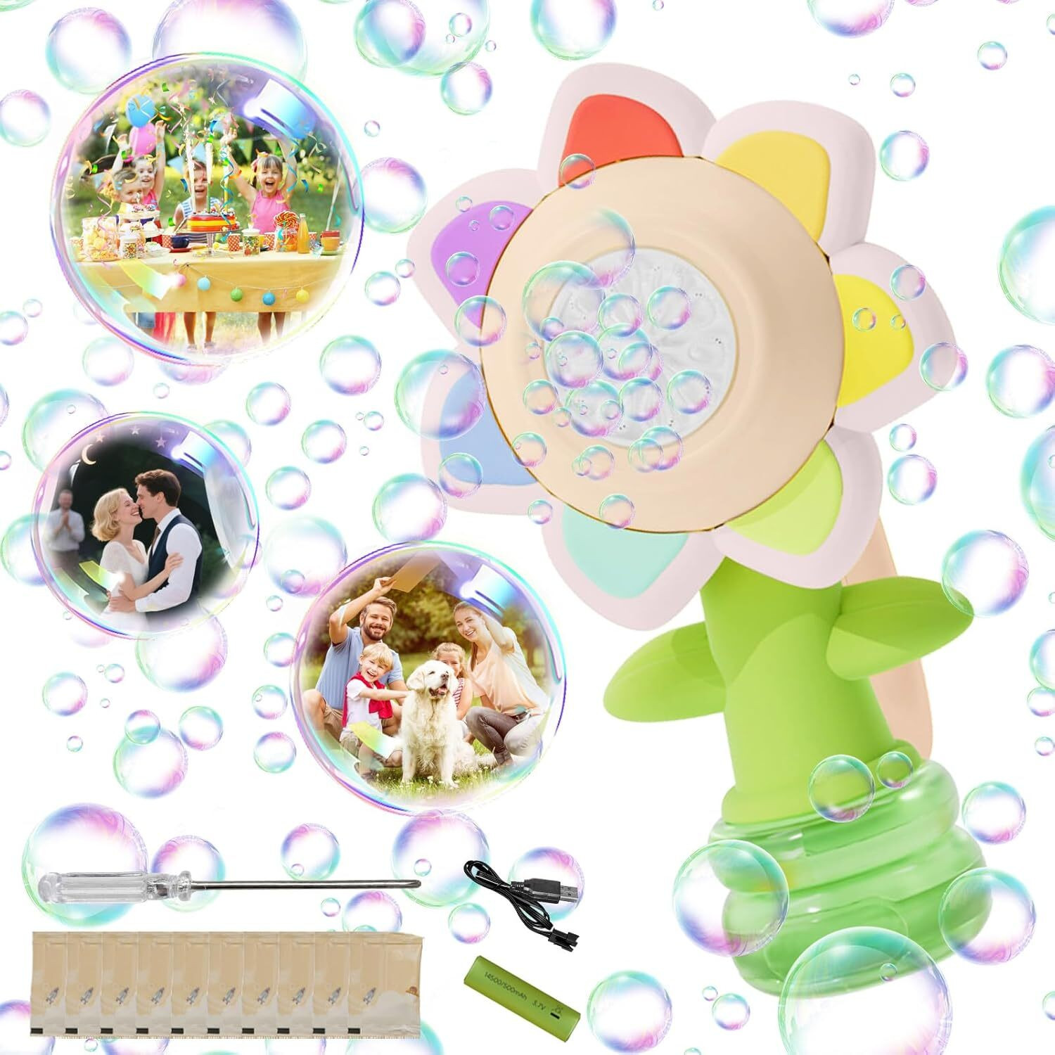 Image of GRANTHI ENTERPRISE Bubble Gun Machine,7 Color Sunflower Rechargeable Bubble Blower with Lights Water Gun
