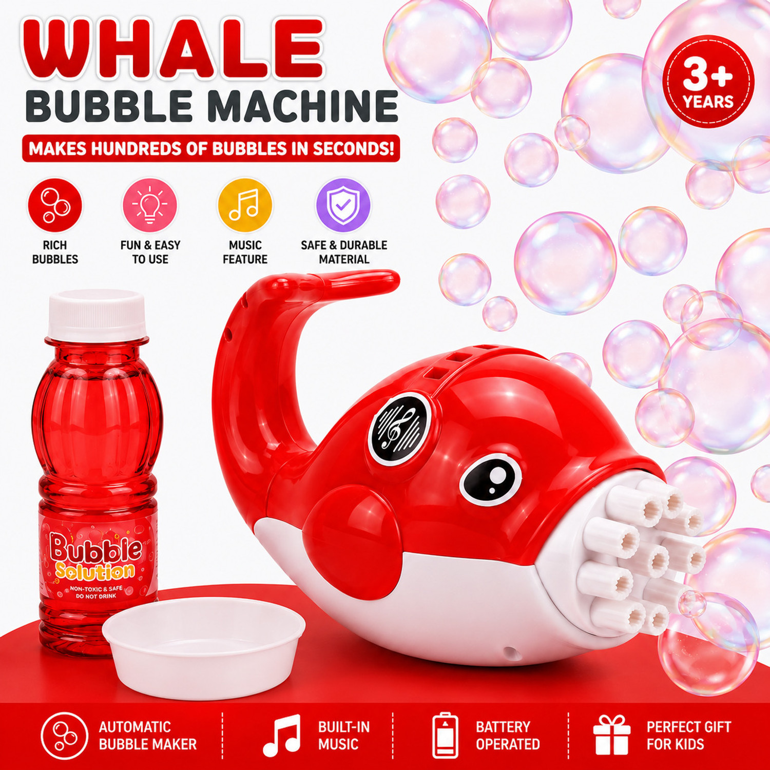 Image of Time 2 toys Dolphin Bubble Machine Gun Handy Electric Automatic Bubble Making Toy for Kids Water Gun (Red)