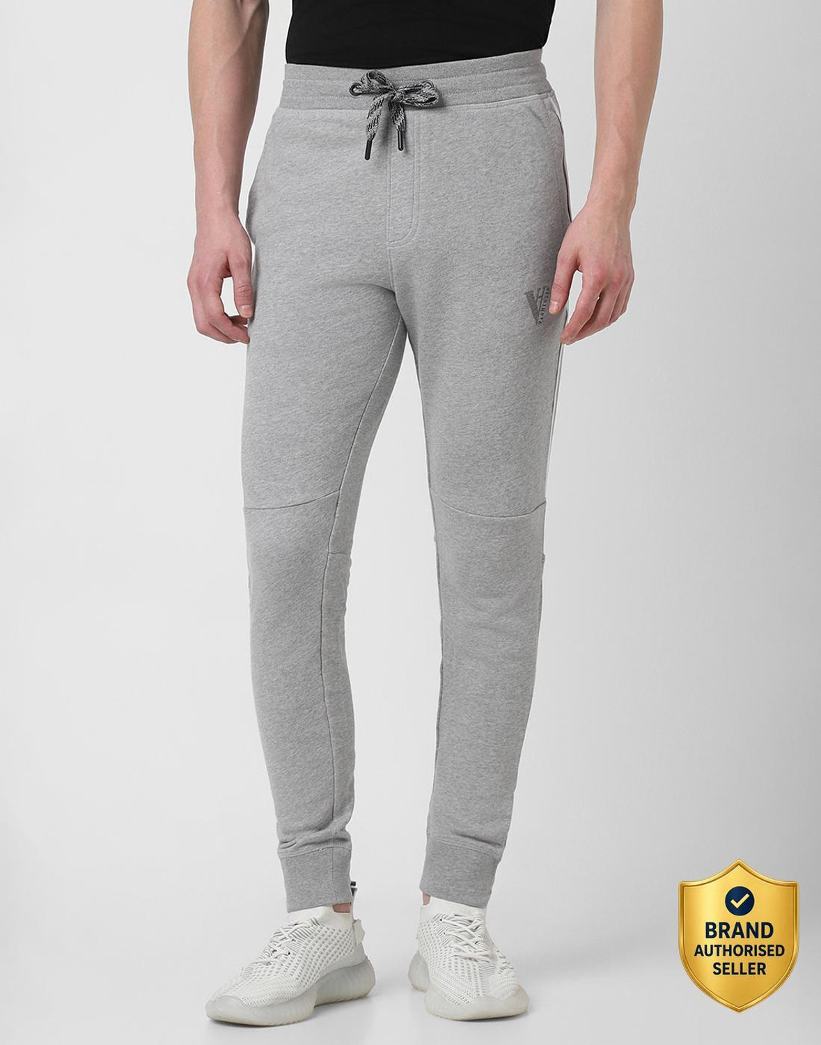 Image of VAN HEUSEN Athleisure Men Grey Solid Drawstring Waist Side Panel Joggers Printed Men Black Track Pants