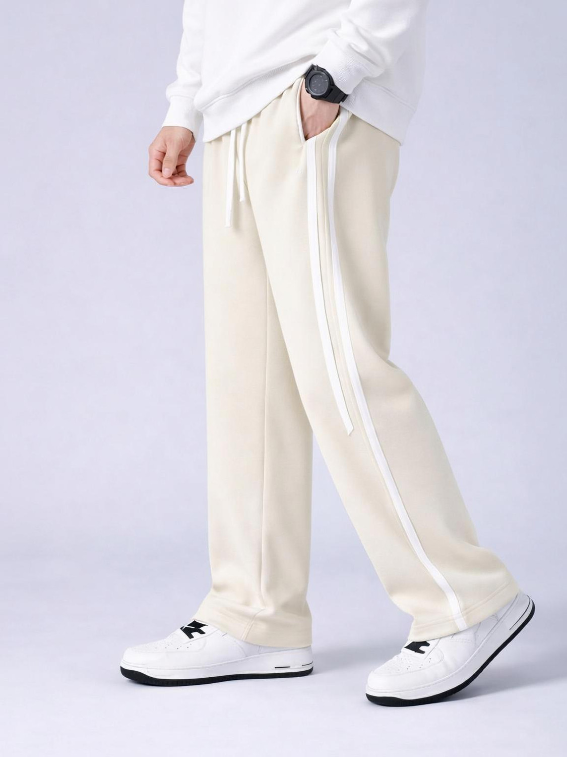 Image of NFTrenzify Solid, Striped Men Beige Track Pants