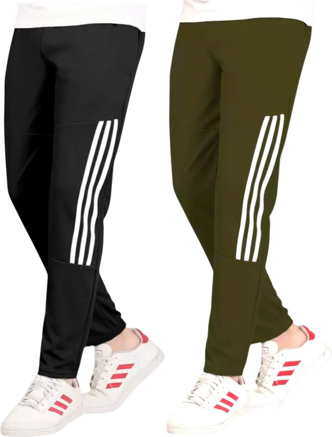 Image of GAJVU Striped Men Black, Dark Green, White Track Pants