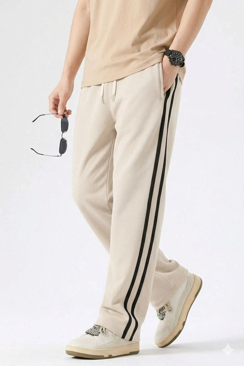 Image of KEESUN Striped Men Beige Track Pants