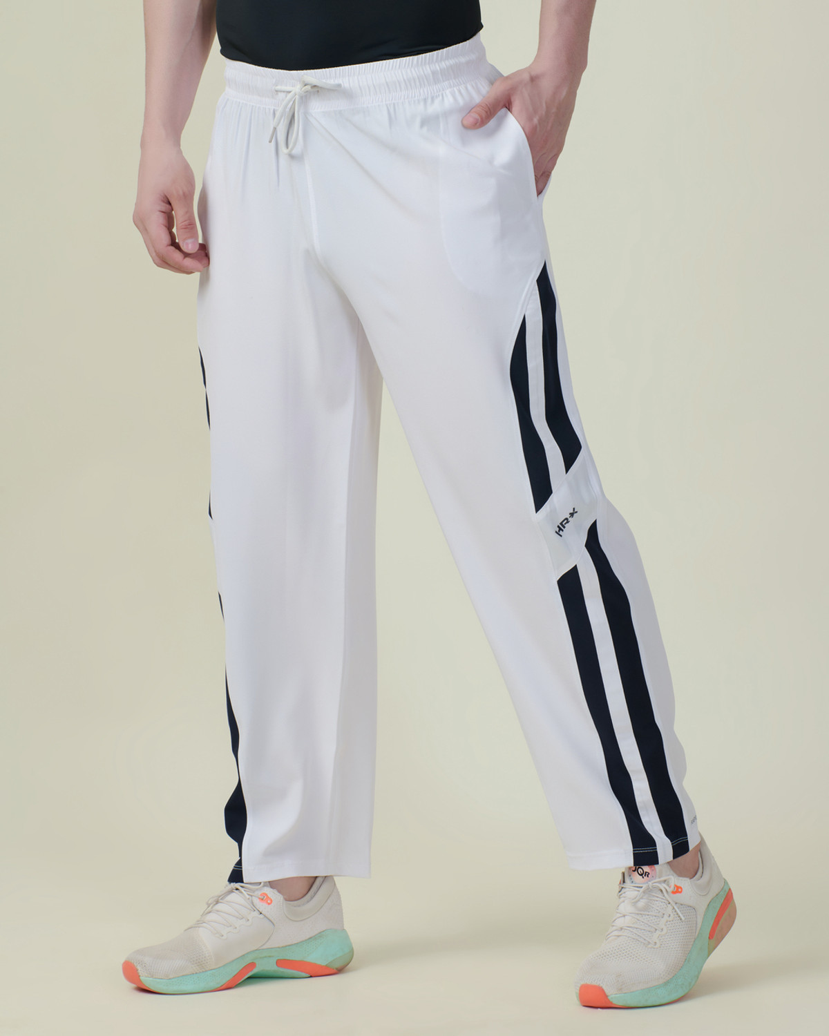 Image of HRX by Hrithik Roshan Striped Men White Track Pants