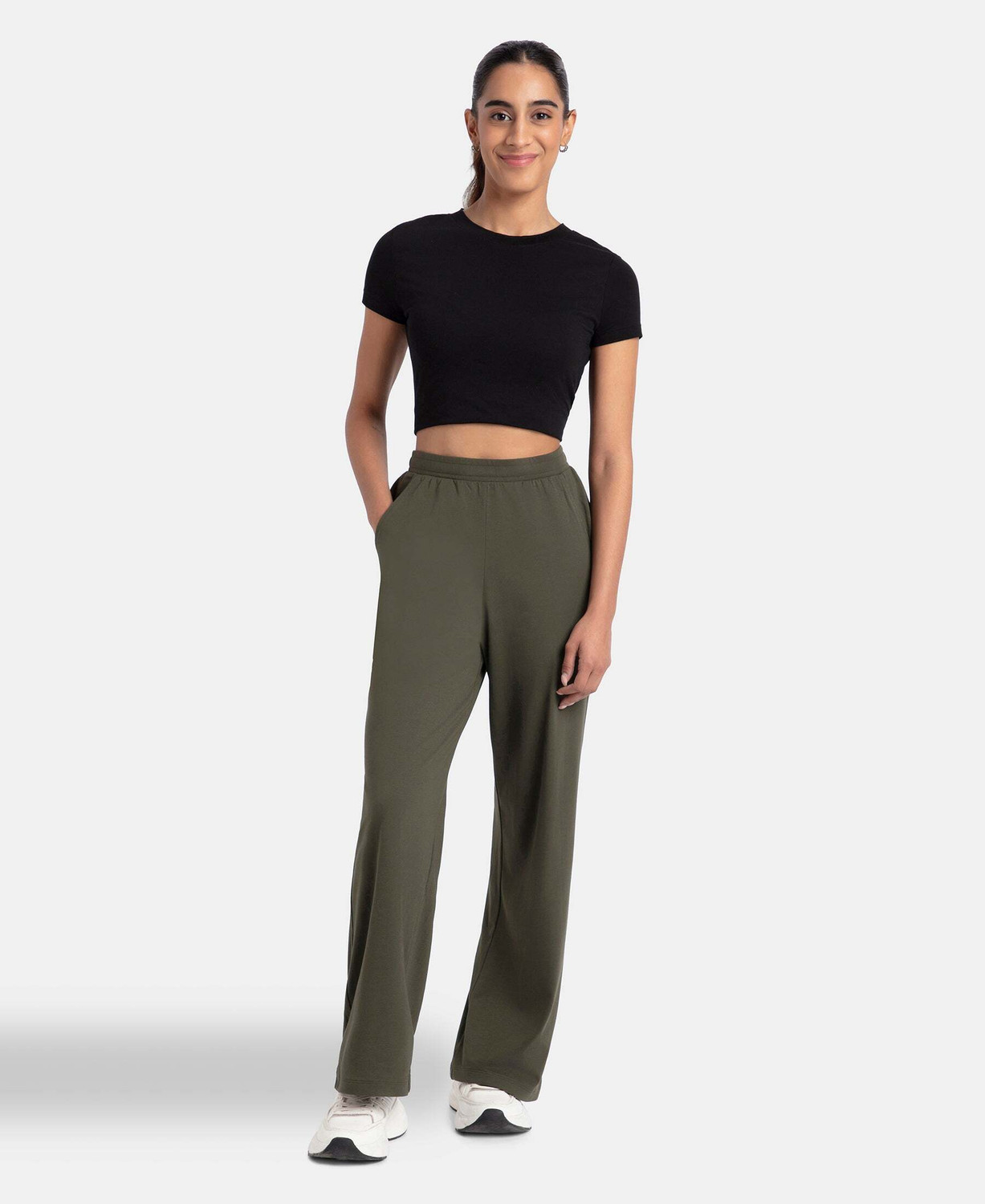 Image of JOCKEY A158 Super Combed Cotton Rich Solid Women Olive Track Pants