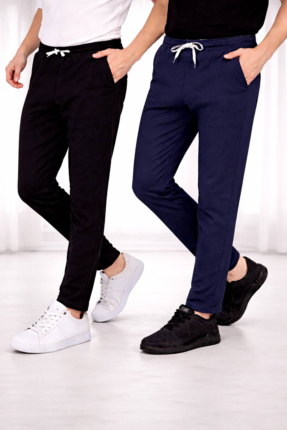 Aphe Fashion Pack of 2 Men Solid Black, Dark Blue Track Pants
