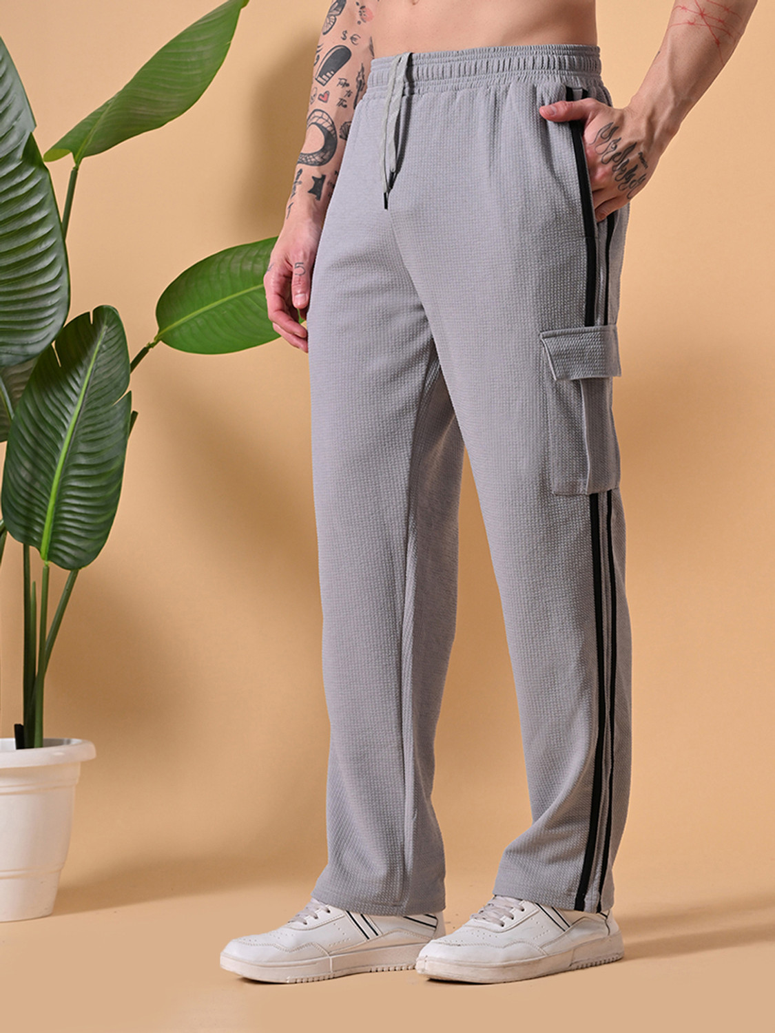 Fitinc Striped Men Grey Track Pants