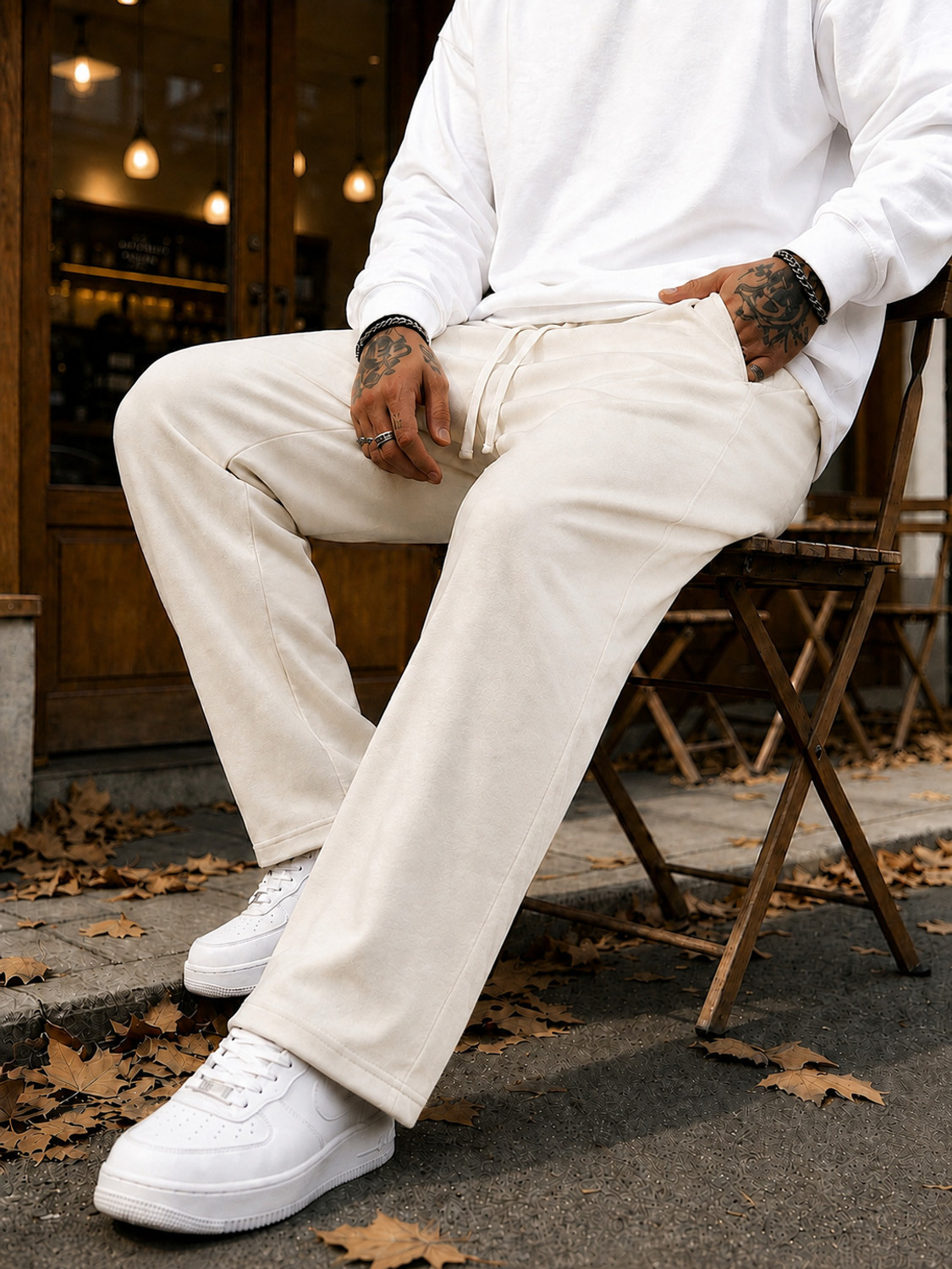 Image of FENGHAOYU Men Solid Beige Track Pants