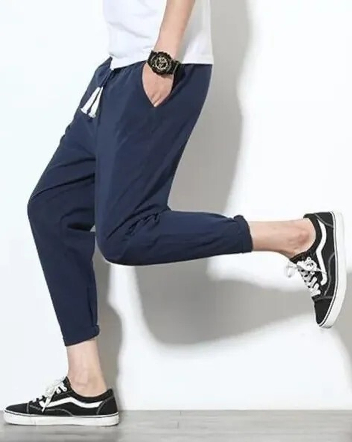 Image of POPLENS Solid Men Black, Dark Blue Track Pants