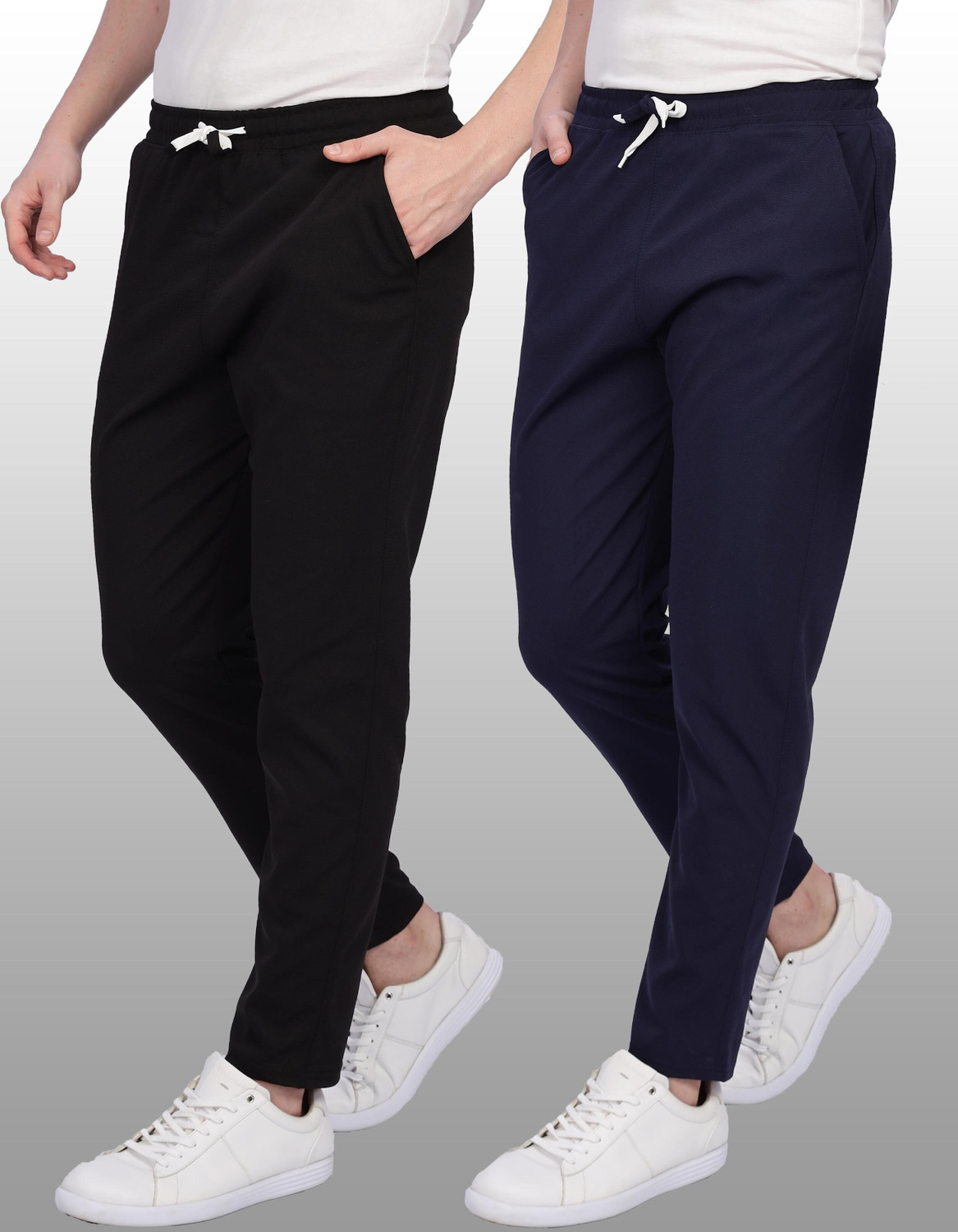 Image of POPLENS Solid Men Black, Dark Blue Track Pants