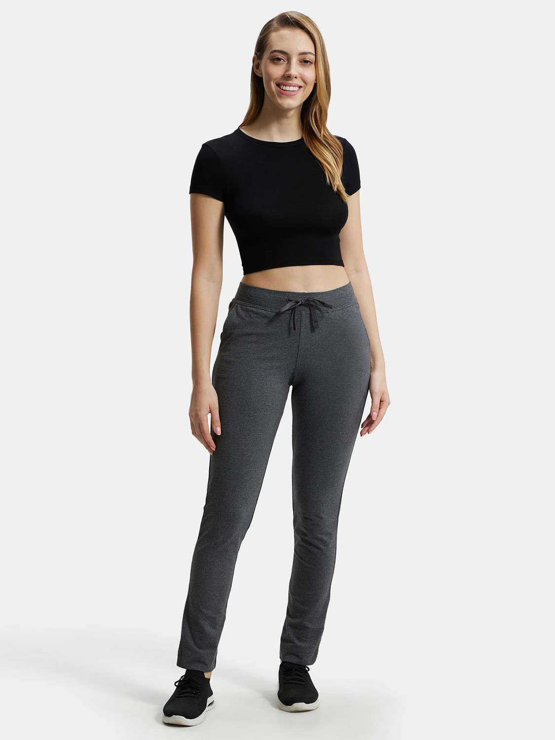 Image of JOCKEY 1301 Super Combed Cotton Elastane Stretch Solid Women Grey Track Pants