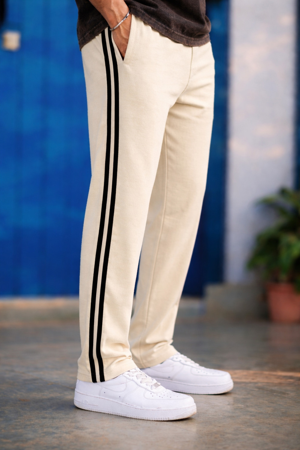 Image of FUBACK Men Solid Beige Track Pants