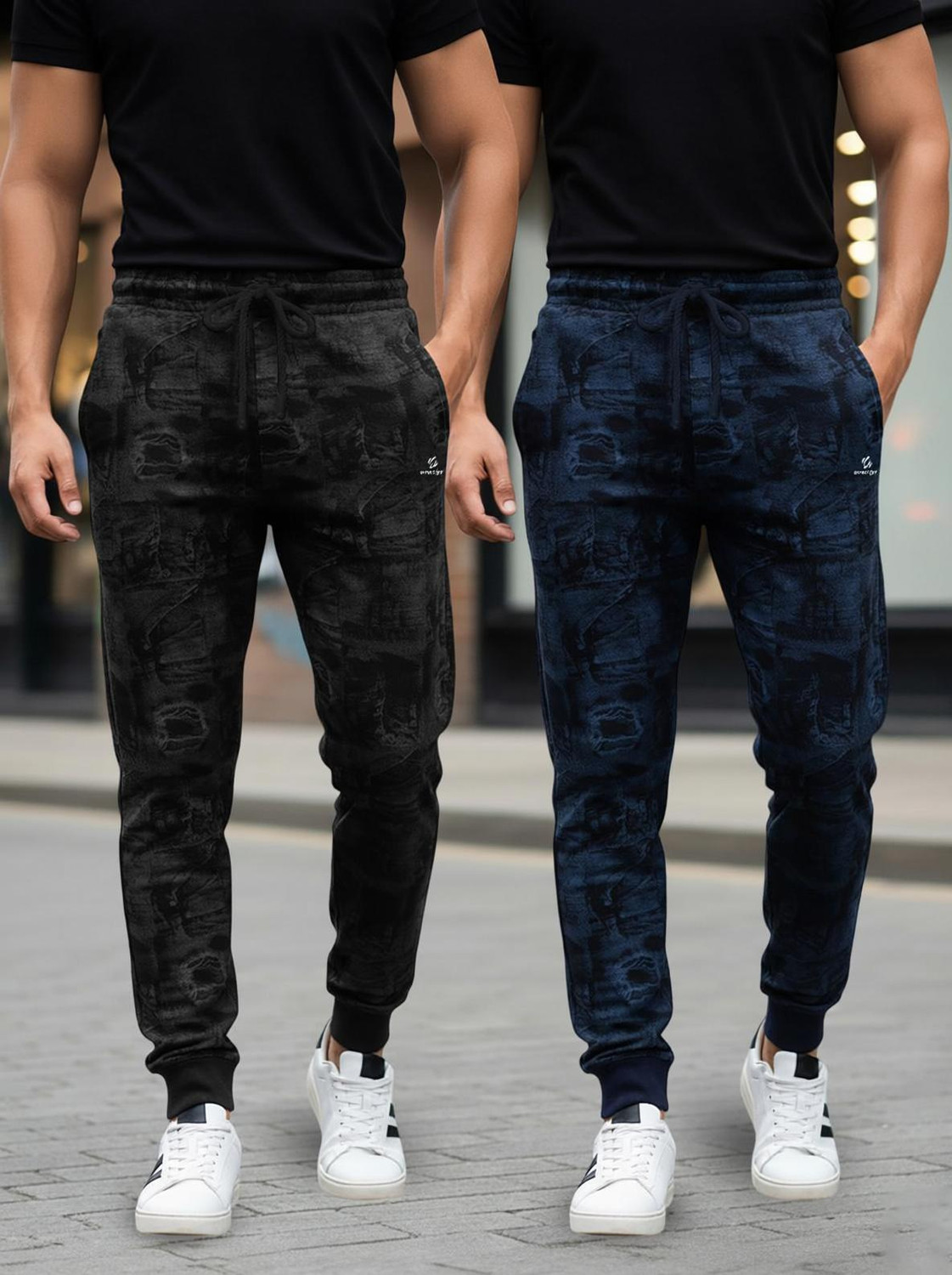 Image of Guide Printed Men Black, Dark Blue Track Pants