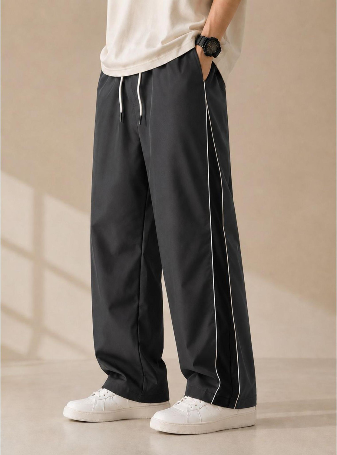 Image of Blacktail Striped Men Grey, Black Track Pants