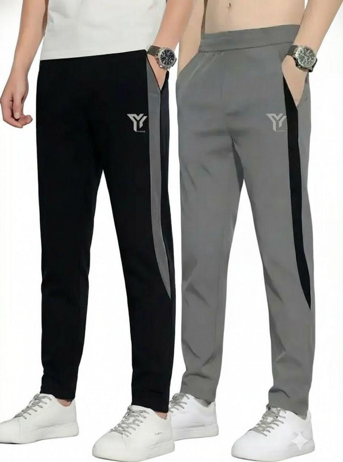 Image of YUNEK Printed Men Black, Grey Track Pants