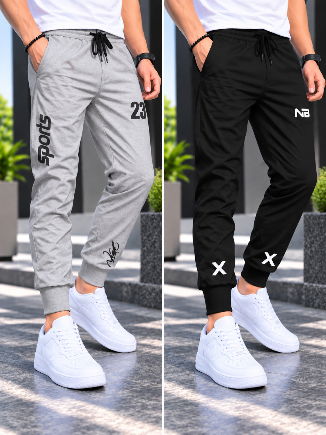 Image of NB NICKY BOY Pack of 2 Men Printed Grey, Black Track Pants