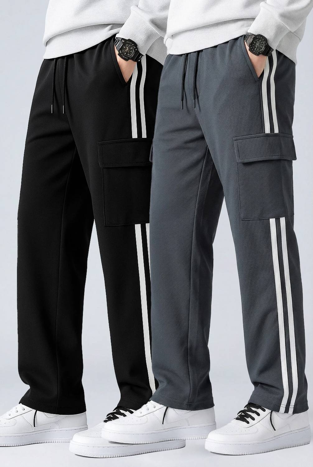 METRONAUT Striped Men Black, Grey Track Pants Pack of 2 - Image 2