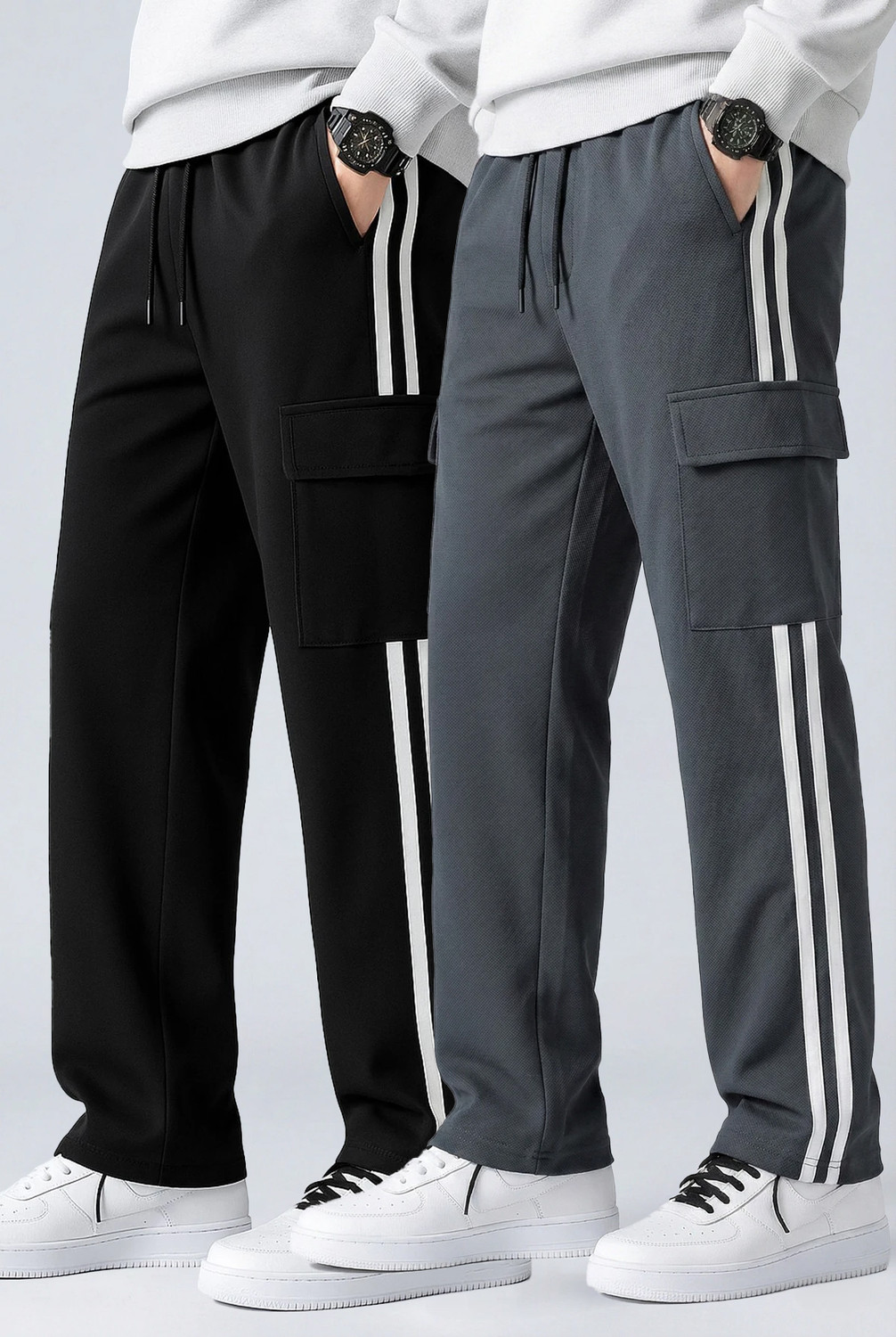 Image of mozero Striped Men Black, Grey Track Pants