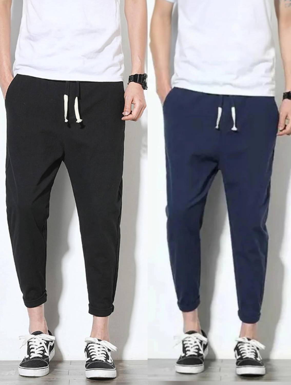 Pack of 2 Men Solid Black, Blue Track Pants - Image 1