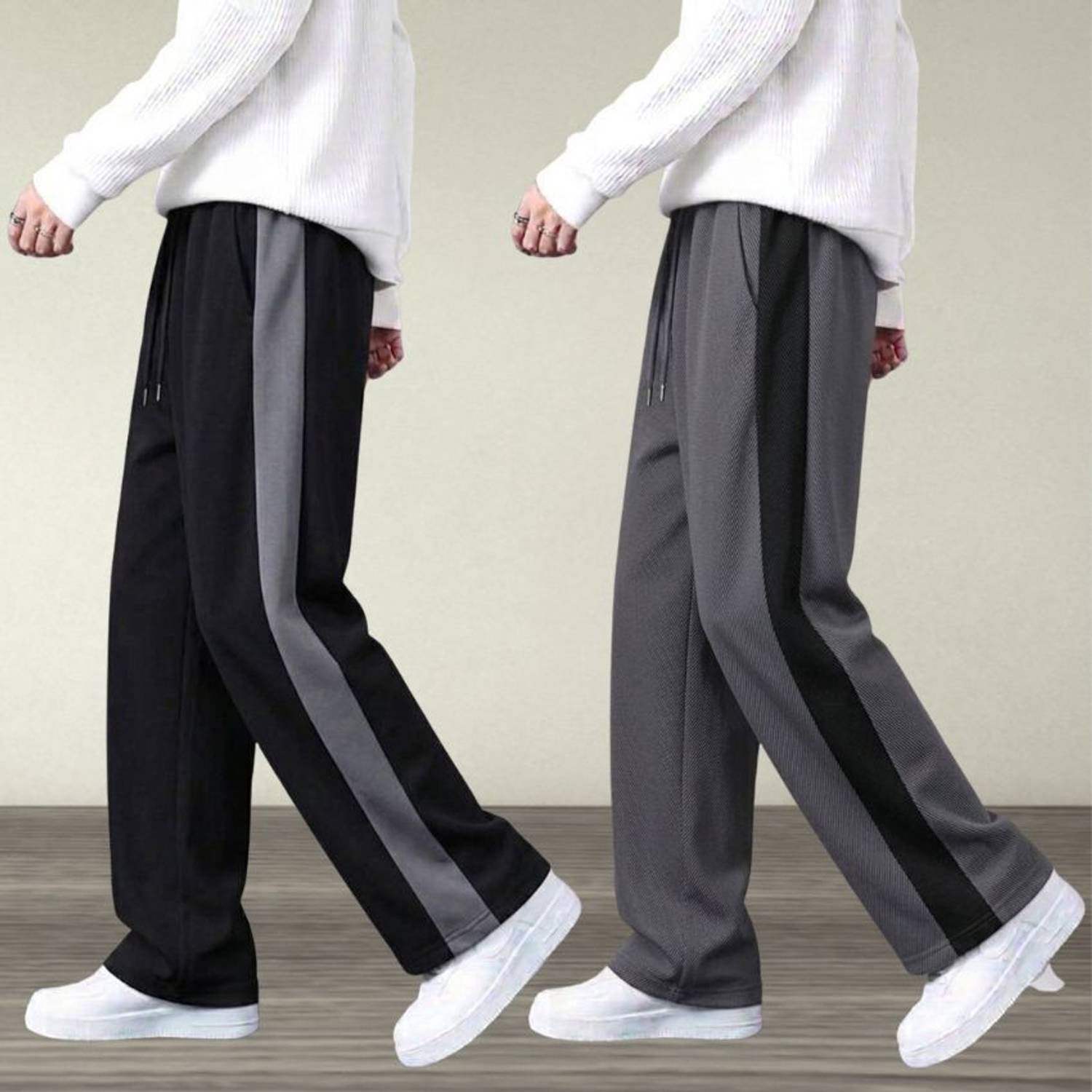 yanexa Striped Men Black, Grey Track Pants Pack of 2 - Image 1