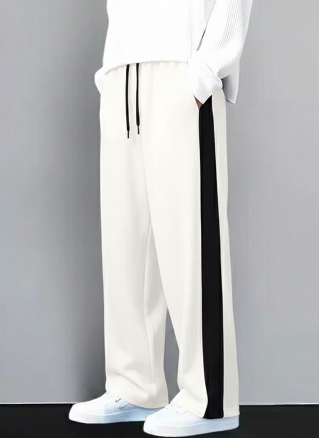 Image of STITCHCOUNTER Solid, Striped Men White, Black Track Pants