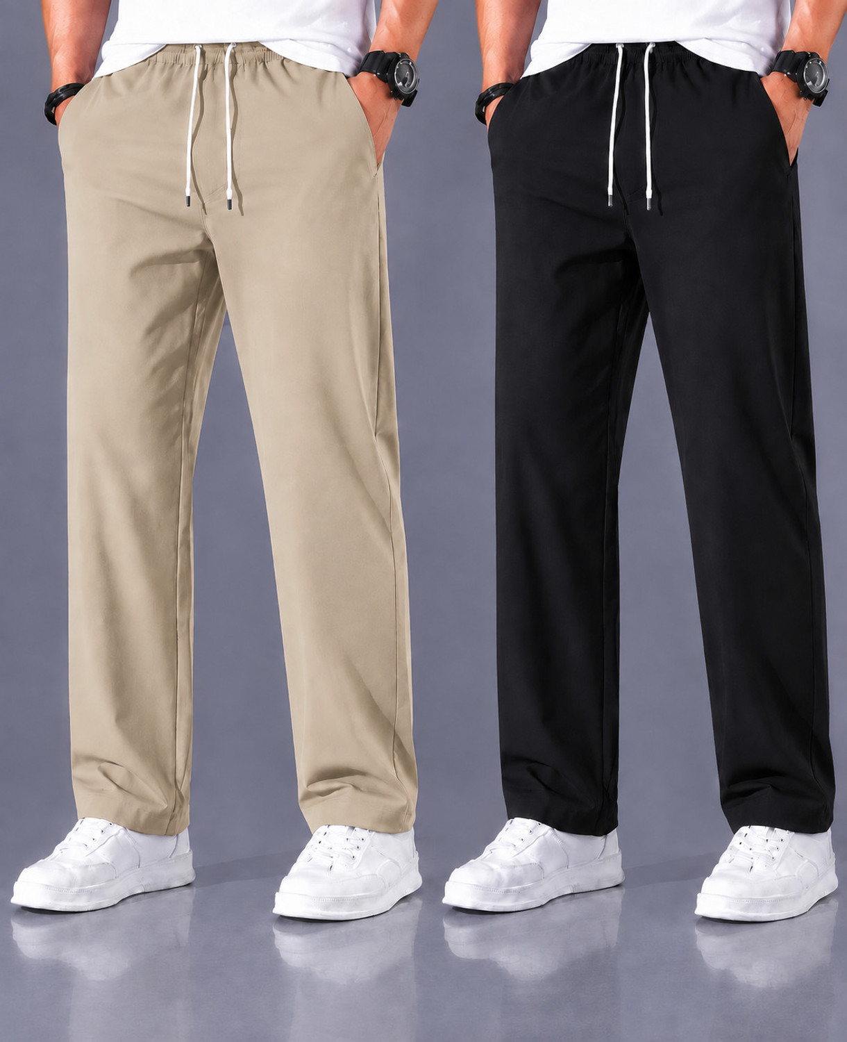 Image of SK Clasy Pack of 2 Men Solid Beige, Black Track Pants