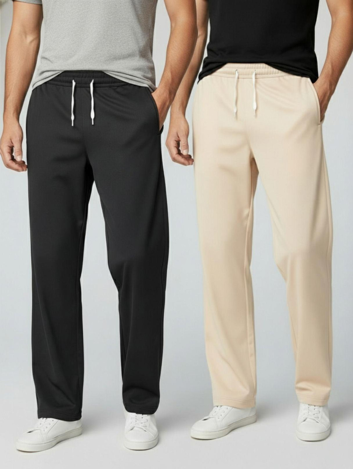 Image of INDICLUB Loose Fit Men Black, Beige Trousers