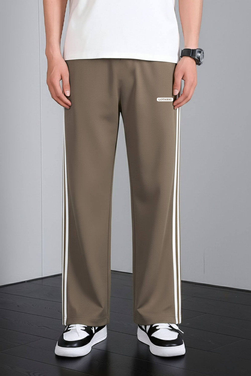Image of LOTHRIC Striped Men Brown Track Pants