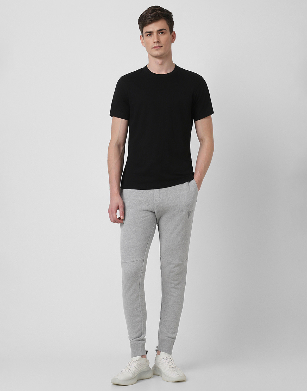 Image of VAN HEUSEN Athleisure Men Grey Solid Drawstring Waist Side Panel Joggers Printed Men Grey Track Pants