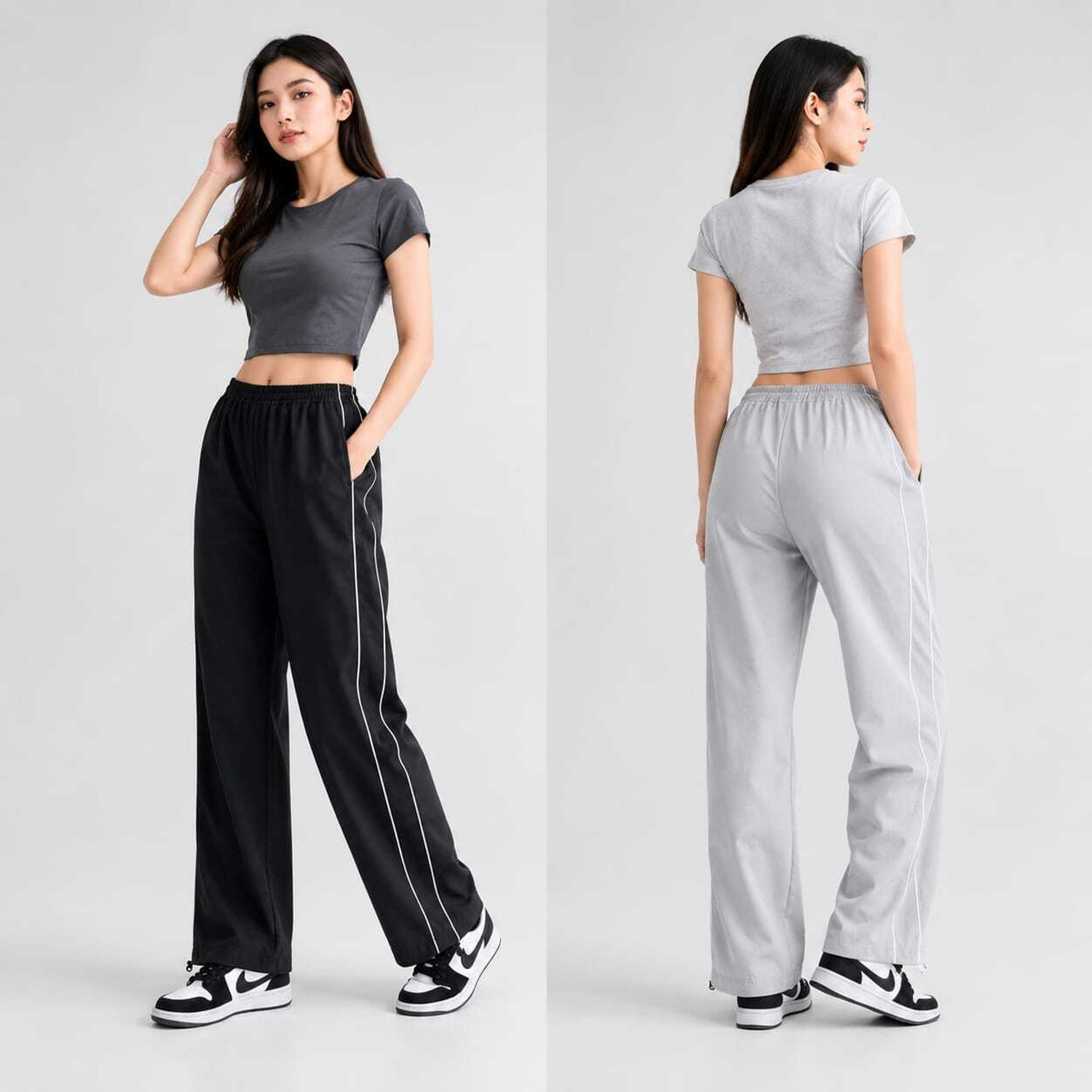 Image of Flipon Pack of 2 Women Striped Black, Grey Track Pants