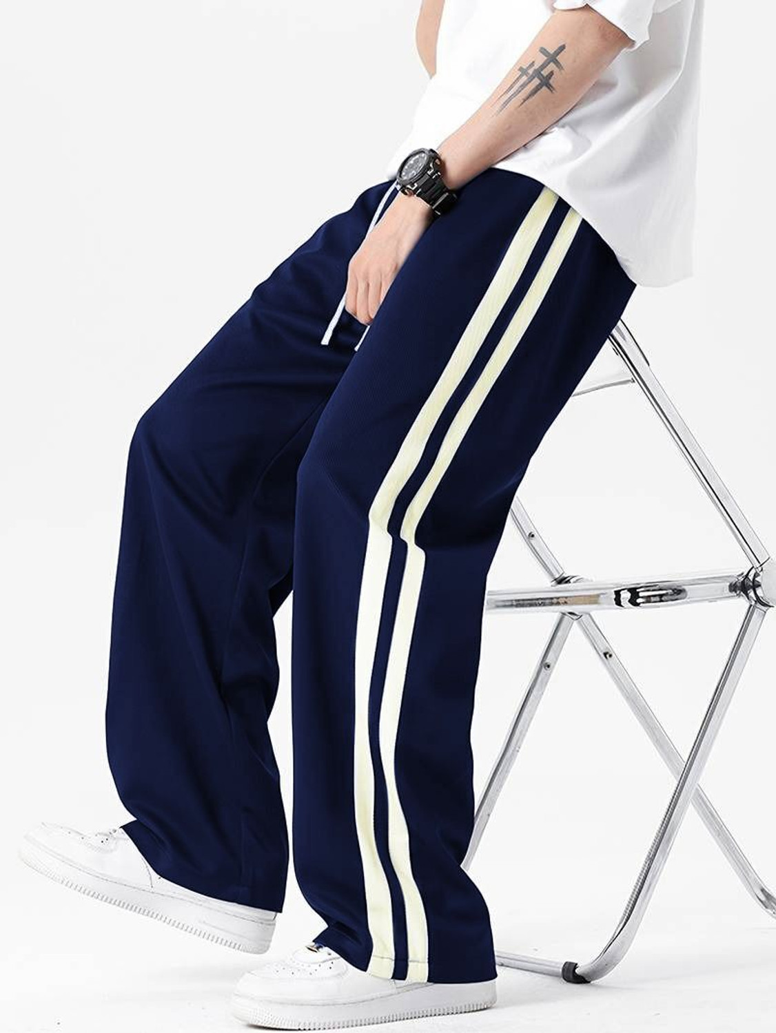 Image of DL Fashion Striped Men Blue Track Pants