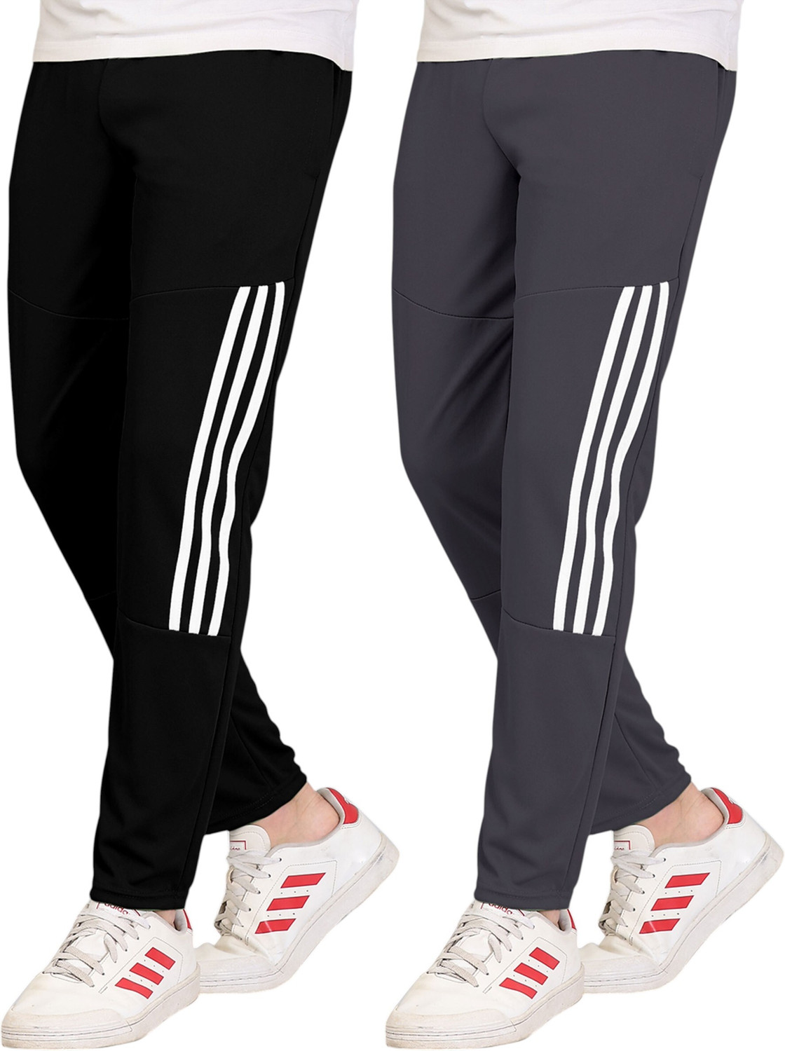 Image of GAJVU Pack of 2 Men Striped Black, Grey, White Track Pants