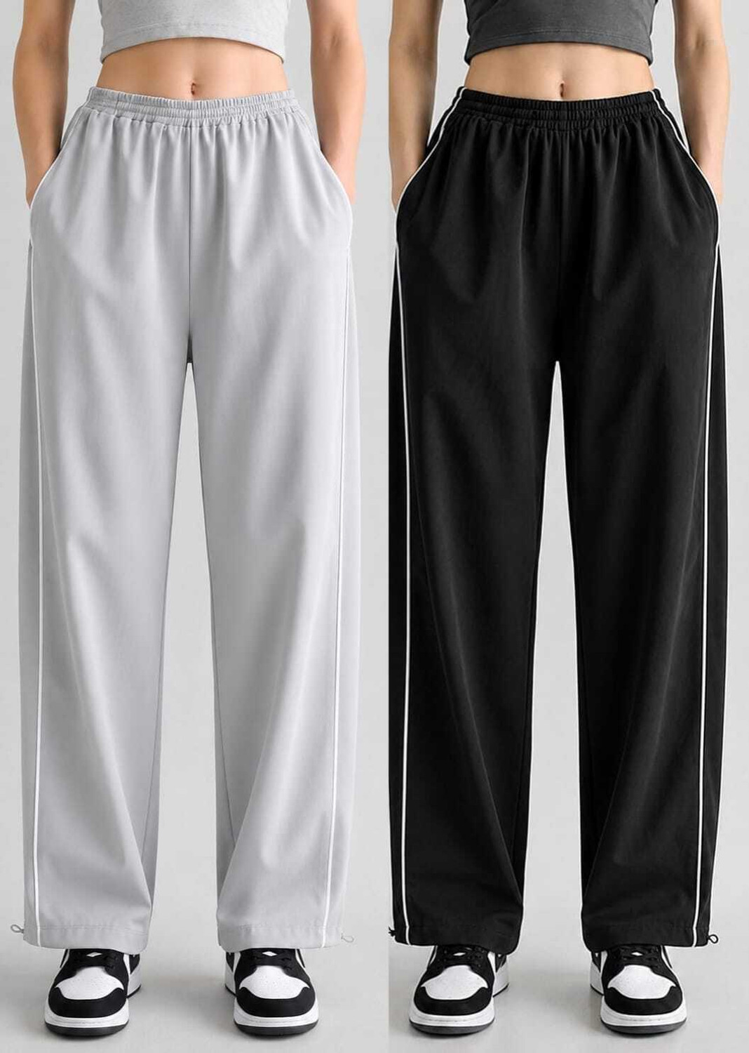 Image of Flipon Pack of 2 Women Striped Black, Grey Track Pants