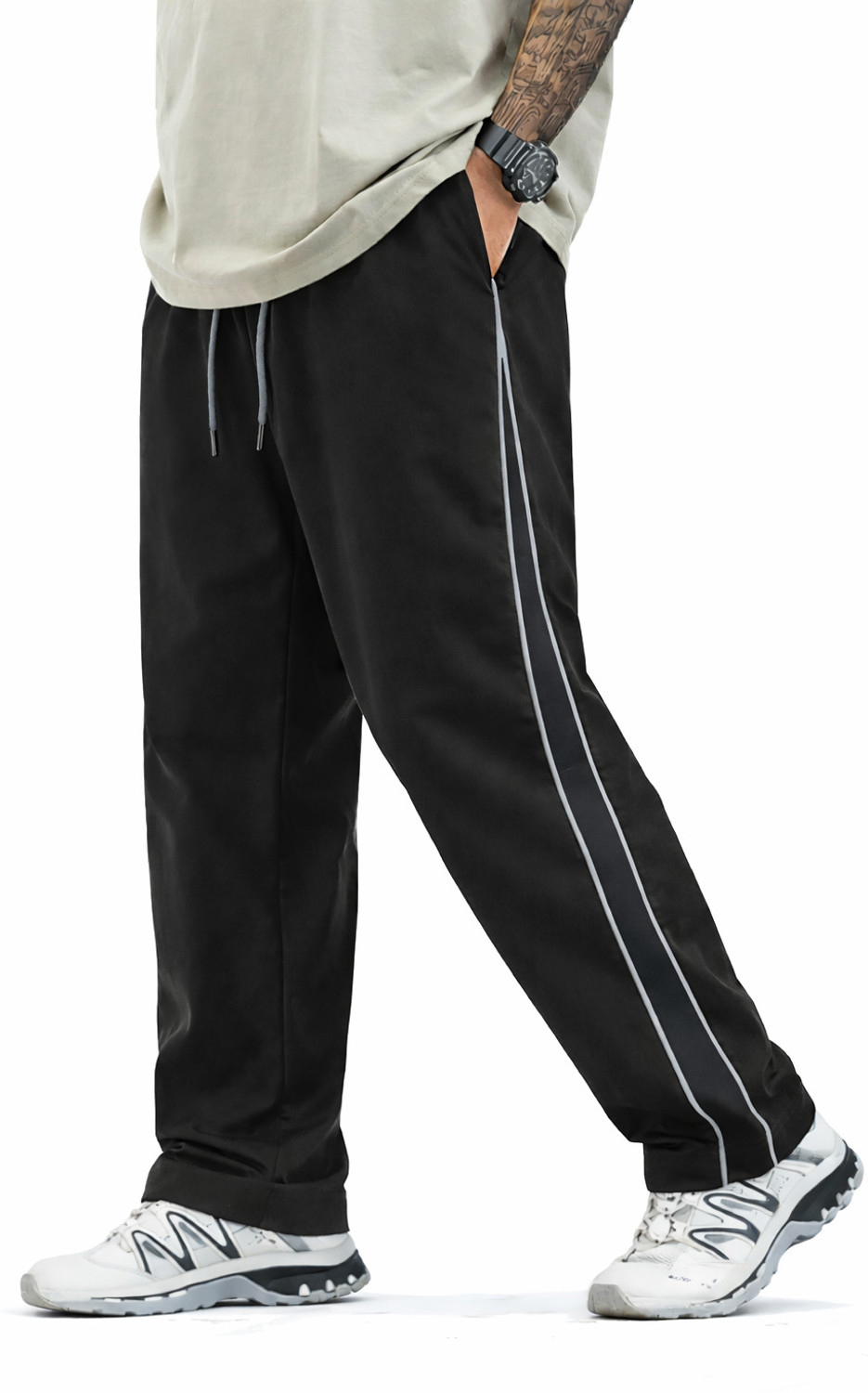 Image of FEATOUS Men Striped Black Track Pants