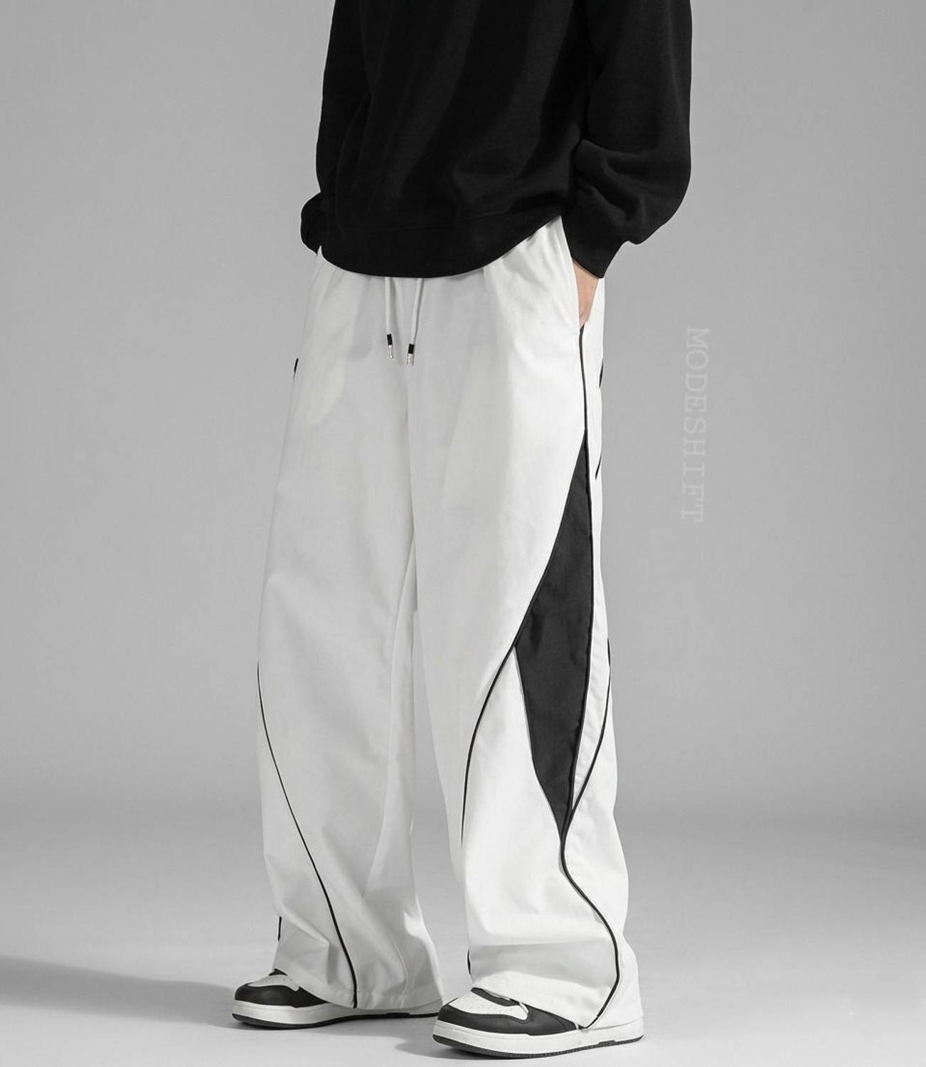 MODESHIFT Striped Men White, Black Track Pants - Image 1