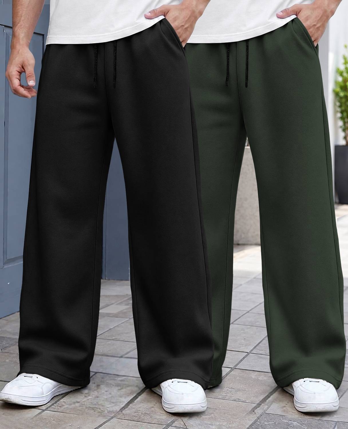 Pack of 2 Men Solid Black, Green Track Pants - Image 1