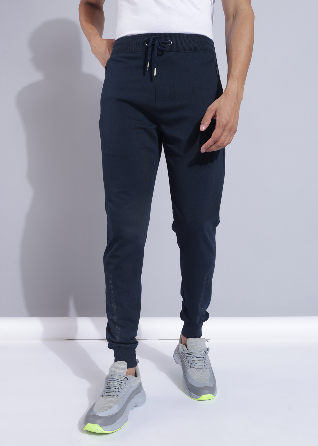 Image of Force NXT Super Combed Cotton Rich French Terry Fabric with Side Pockets Men Solid Dark Blue Track Pants