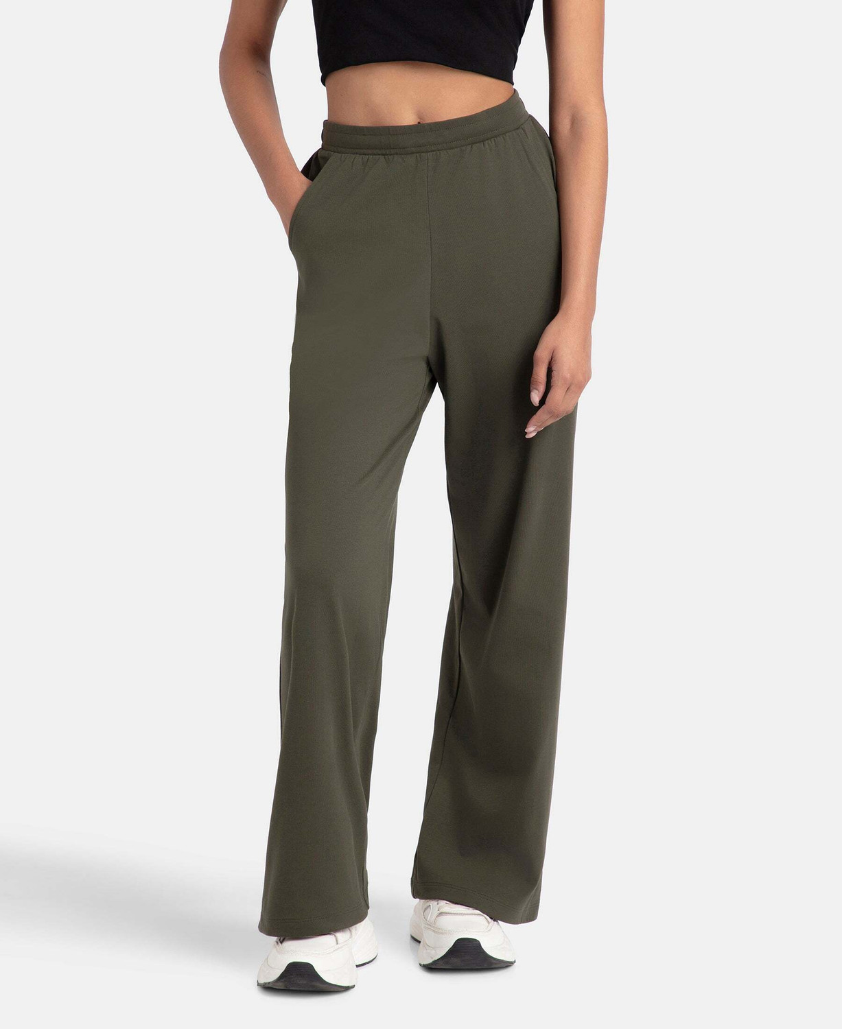 Image of JOCKEY A158 Super Combed Cotton Rich Solid Women Olive Track Pants