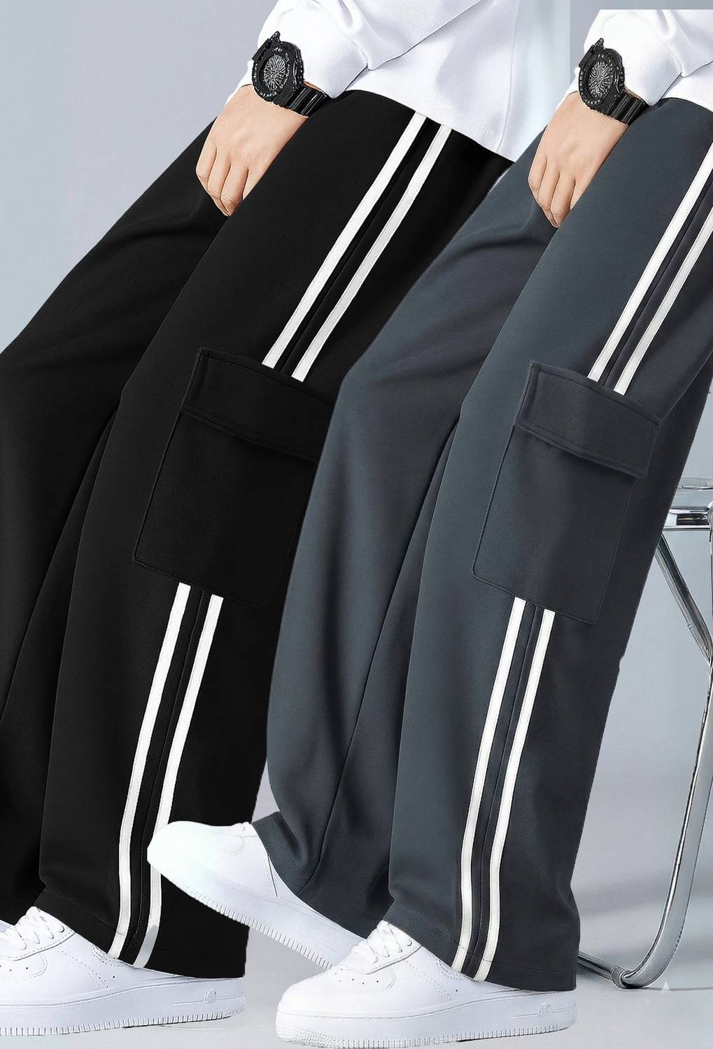METRONAUT Striped Men Black, Grey Track Pants Pack of 2 - Image 1