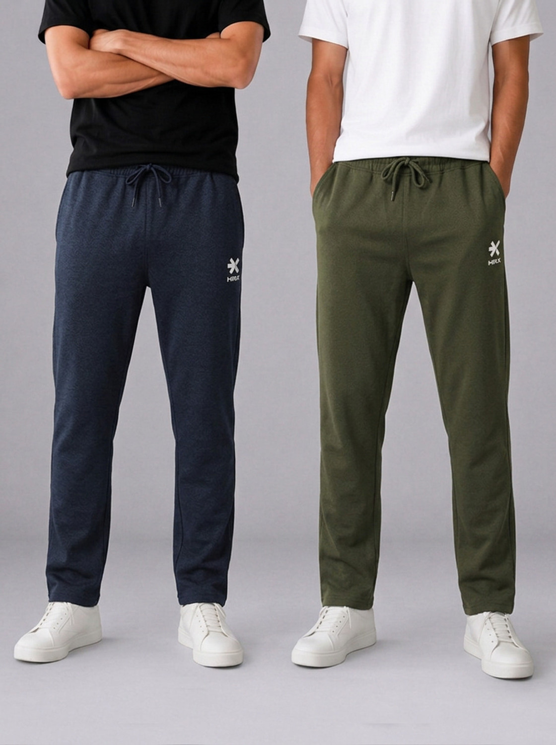 Image of HRX by Hrithik Roshan Pack of 2 Men Printed Olive, Blue Track Pants