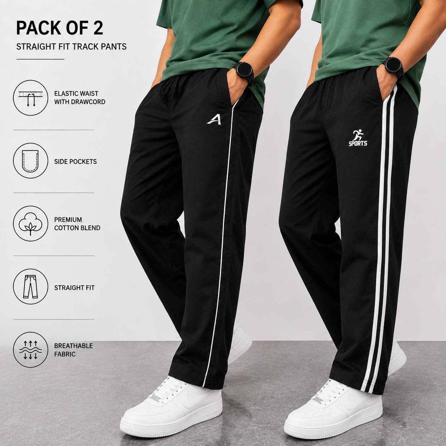 Akrasia Striped Black Track Pants Pack of 2 - Image 3