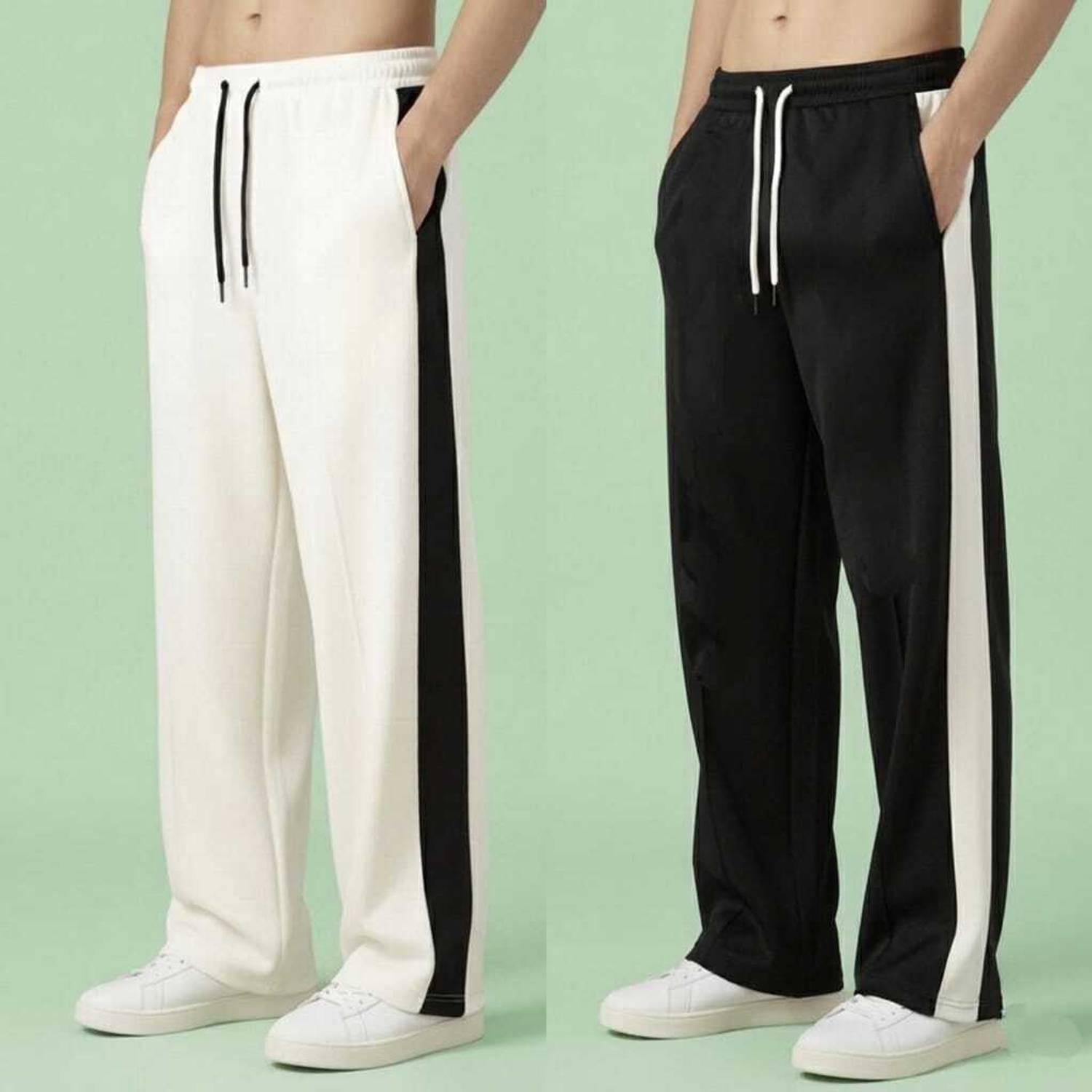 OVERCHASE Pack of 2 Men Striped Track Pants (White, Black) - Image 1